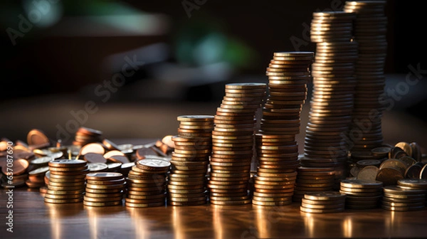 Fototapeta Financial Realities: Coins Displayed on a Wooden Table in an Inflationary World