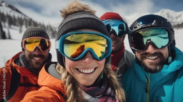 Fototapeta Group of people wearing ski equipment takes a selfie together with snow in the winter.