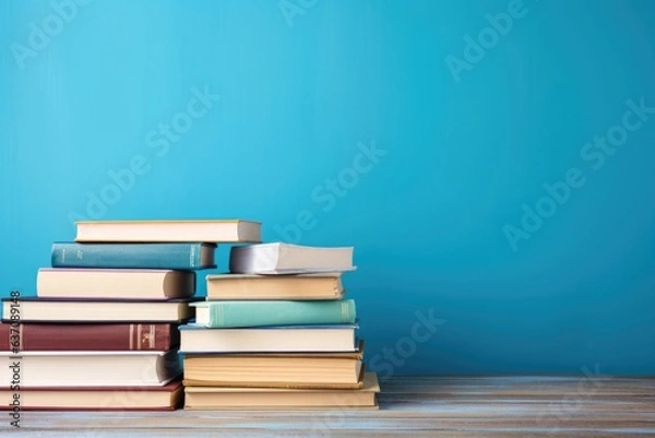 Fototapeta stack of books on light background wall. 