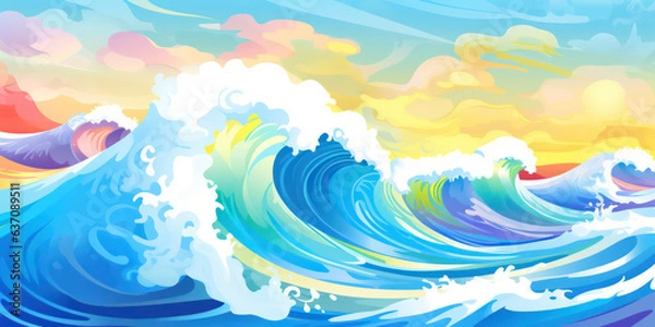 Fototapeta Playful Ocean Wave in Cartoon Style. Sun ocean wave blue clouds happy splash. Banner Header Travel Graphic Resource as background sunny ocean wave splashing water. Generative AI