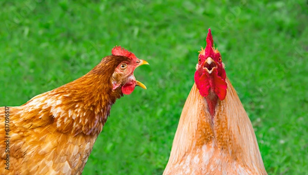 Fototapeta a crazy red hen with an open beak screams at a red rooster on a green background. family quarrel, surprise