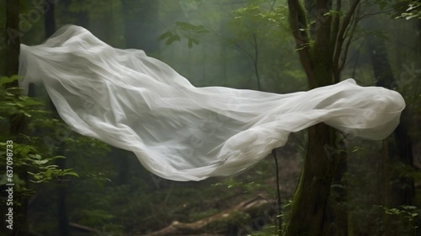 Fototapeta tissu blanc en mouvement au milieu d'une forêt, généré par IA