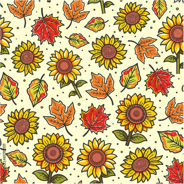 Fototapeta Autumn vibes - seamless pattern of colorful sunflowers and fallen leaves