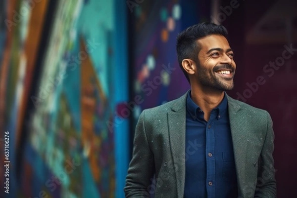 Obraz Portrait of a handsome young Indian man smiling in an urban environment