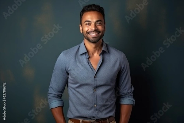 Fototapeta Portrait of a happy young Indian man smiling and looking at camera