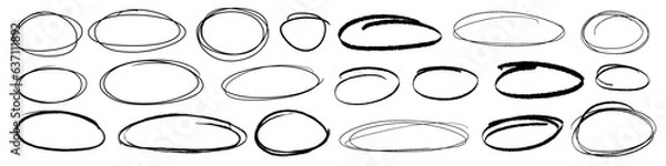 Obraz Handdrawn doodle grunge circle highlights. Charcoal pen round ovals. Marker scratch scribble inrounder. Round scrawl frames. Vector illustration of freehand painted circular note