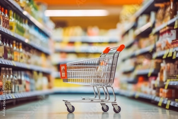 Fototapeta Shot of shopping card inside supermarket aisle with products on shelves, shopping advertisement
