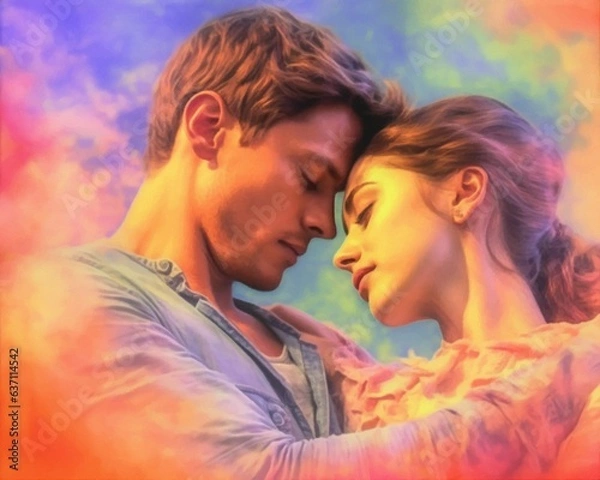 Fototapeta Intimate lovers' embrace captured in an Oil Painting,  Generative AI illustration