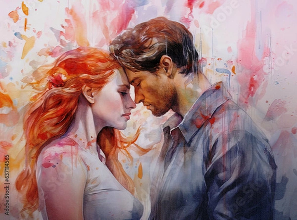 Fototapeta Intimate lovers' embrace captured in an Oil Painting,  Generative AI illustration