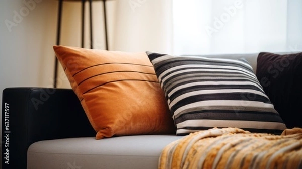 Fototapeta yellow stripped pillows with pattern on sofa close up