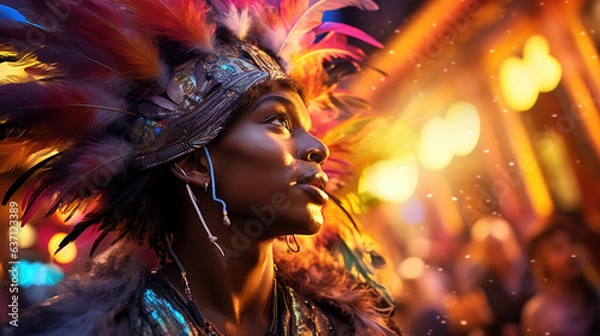 Fototapeta Junkanoo performer in the Bahamas in feathered costume playing a drum.