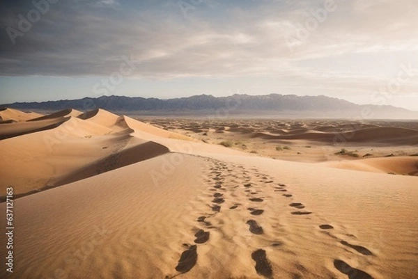 Fototapeta Photo of footprints in the desert sand with majestic mountains in the backdrop
