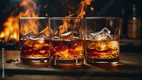 Fototapeta Photo of three glasses of whiskey with a fiery backdrop