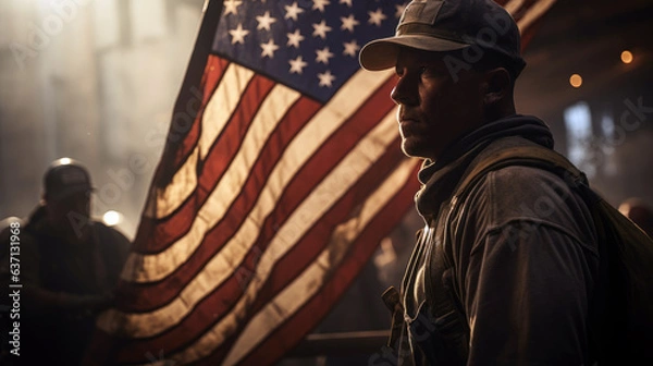 Fototapeta Construction workers raising the American flag on a construction site, symbolizing the patriotism and hard work of laborers on Labor Day.