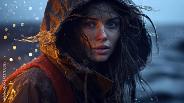 Fototapeta Icelandic fisherwoman rugged up in waterproof clothing, against the dramatic background of an Icelandic fjord, casting a net into the icy waters.