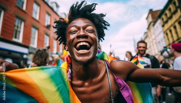 Fototapeta Portrait of a Happy African American LGBT Member at a Pride March (Generated with AI)