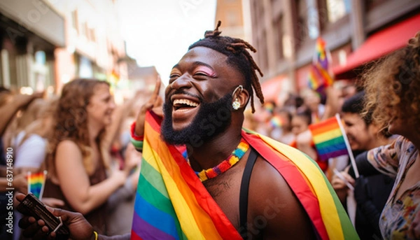 Fototapeta Portrait of a Happy African American LGBT Member at a Pride March (Generated with AI)
