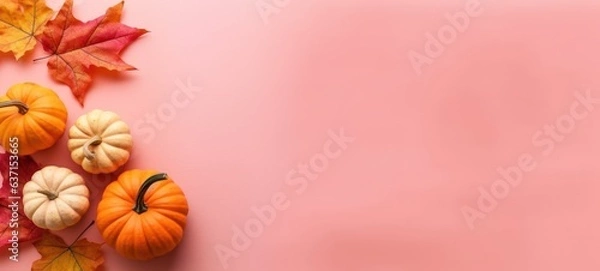 Fototapeta Vibrant autumn pumpkins and leaves on a pink background, perfect for fall celebrations and seasonal themes