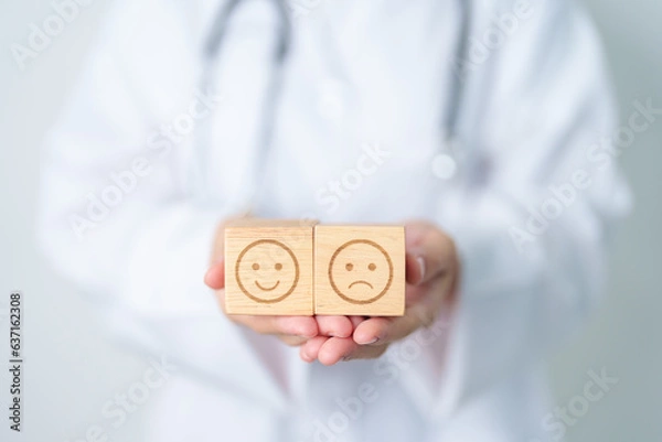 Fototapeta Doctor show Happy smile and Unhappy Sad face block, Mental health Assessment, Psychology, Health Wellness, Feedback, Customer Review, Experience, Satisfaction Survey, World Mental Health day concept