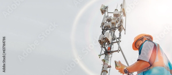 Fototapeta Asian male engineer safety helmet works in the field  high rise building inspecting telecommunication tower structures setting up electronic power grids and maintaining 5G networks for safety reasons.