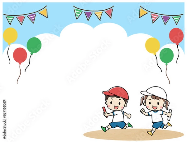 Obraz リレーで走る子供達のイラストフレーム素材　運動会