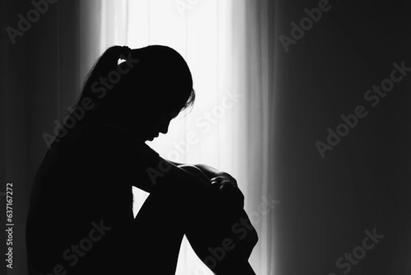 Obraz  Women sitting on the floor  with depression,  family problems,  Domestic violence, Stop violence and abuse ,sexual abuse, human trafficking,  rape,  The concept of depression and suicide,