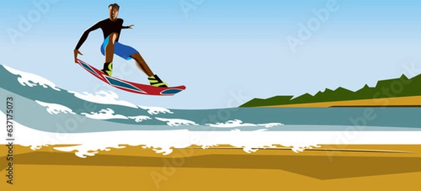 Obraz vector illustration of a sea scene with surfing person, summer sea sport, sunny beach.
