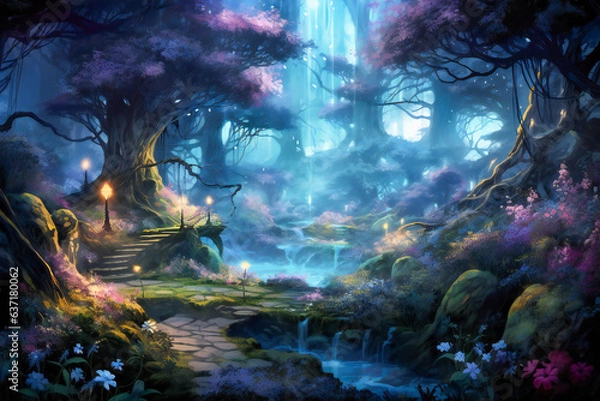 Fototapeta Magic forest in the night, with glowing plants and starry sky
