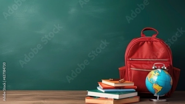 Fototapeta A back to school concept with school equipment, a red alarm clock, and a green chalkboard background Back to school concept with school equipment and a red alarm clock on a green chalkboard background