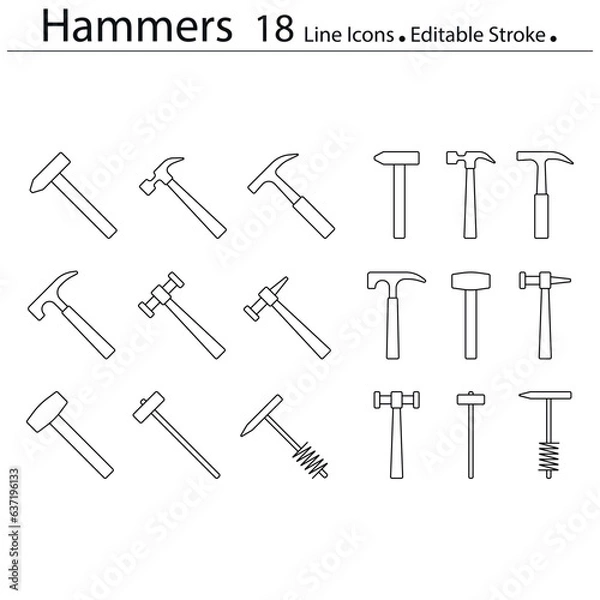 Fototapeta Hammers line icons editable stroke construction tools signs