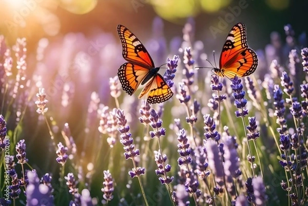 Fototapeta butterflies over lavender fields, beautiful Wallpaper, Landscape, and Background - Generative AI