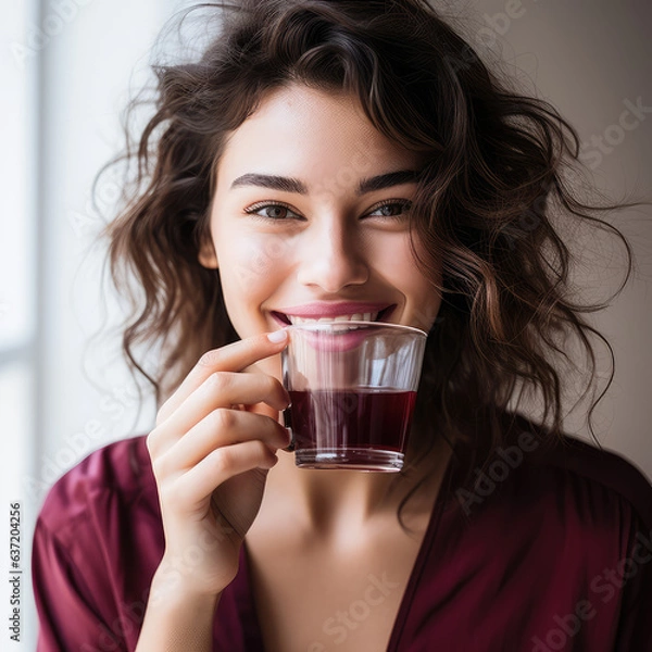 Fototapeta woman holding coffee cup, smiling, Generative AI
