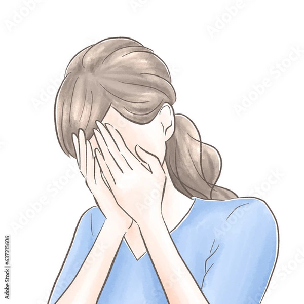 Obraz 顔を手で覆って落ち込む私服の女性　水彩風