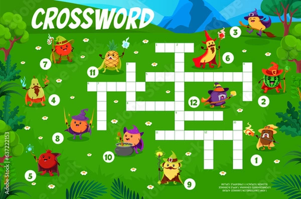 Fototapeta Halloween crossword quiz game. Cartoon funny fruit wizards and mages characters. Crossword wordsearch vector worksheet with apple, pineapple, banana and mango, guava, lemon sorcerers happy personage