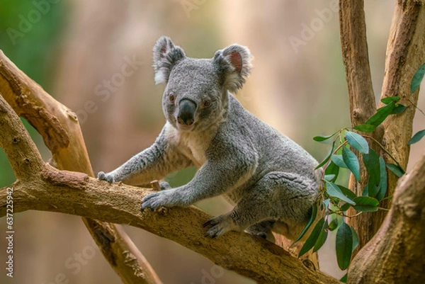 Fototapeta one Koala bear (Phascolarctos cinereus) sits relaxed on a branch of a tree and looks very curious