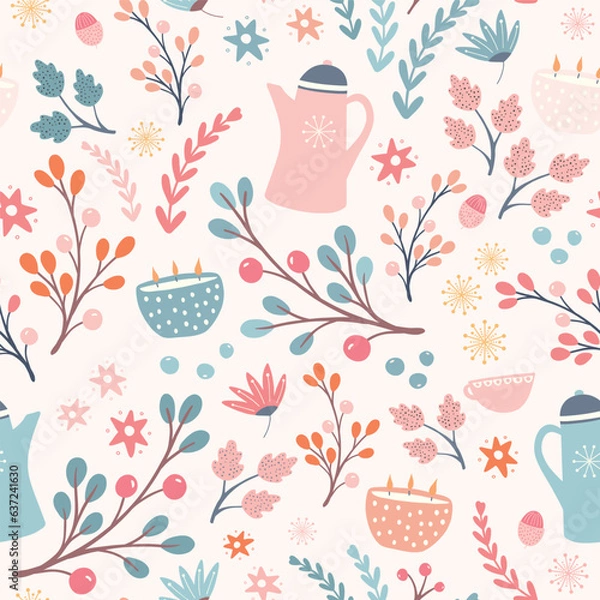 Fototapeta Hygge Autumn and winter pattern design. Cute and cosy vector seamless repeat resource.
