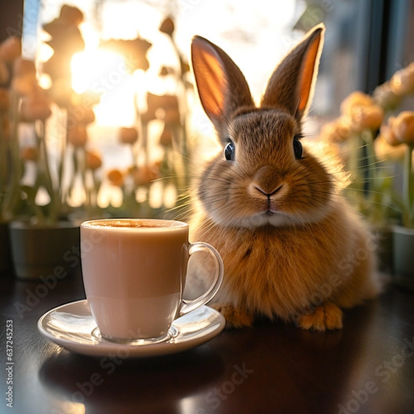 Obraz Bunny chilling with latte, background of flowers and sunray