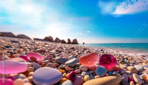 Obraz Blue Ocean Beach Paradise with Colorful Pebbles and Sea Glass