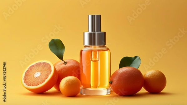 Obraz Generative AI, Vitamin C facial serum bottle, citrus perfume jar, orange fragrance, eau de toilette, beauty products, moisturizing, mockup, skin lotion, anti-aging tonic, space for text