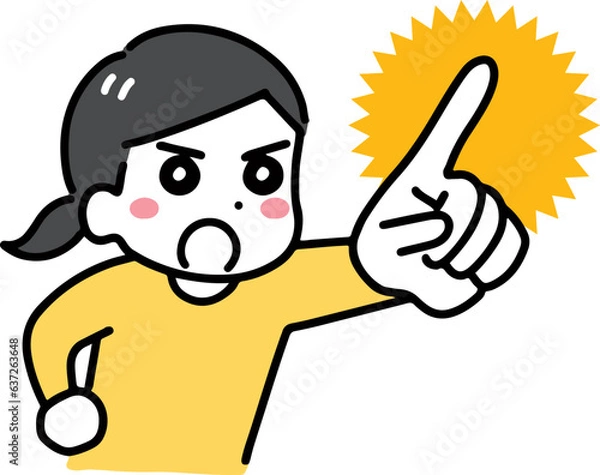 Obraz 真剣な表情で指差す私服の若い女性(上半身)