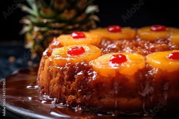 Obraz A pineapple upside down cake on a plate, created by Generative AI