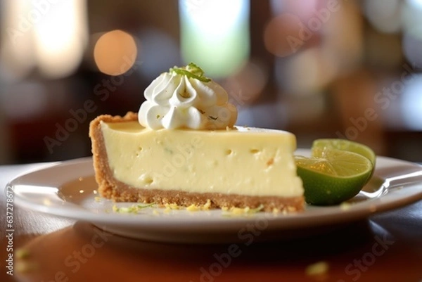 Fototapeta A slice of key lime pie on a plate, created by Generative AI