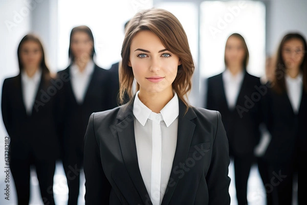 Obraz portrait of a woman in suit with blurry group in the background, ai generated
