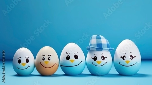 Obraz A cute Easter egg family character with hats and faces drawn. Easter holidays concept on blue background with copy space
