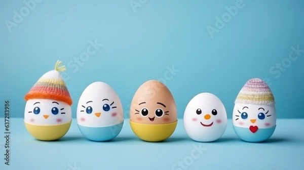 Obraz A cute Easter egg family character with hats and faces drawn. Easter holidays concept on blue background with copy space