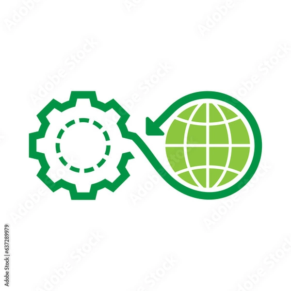 Obraz Green infinite arrow combined with gearwheel and world icon inside. Circular manufacturing icon.