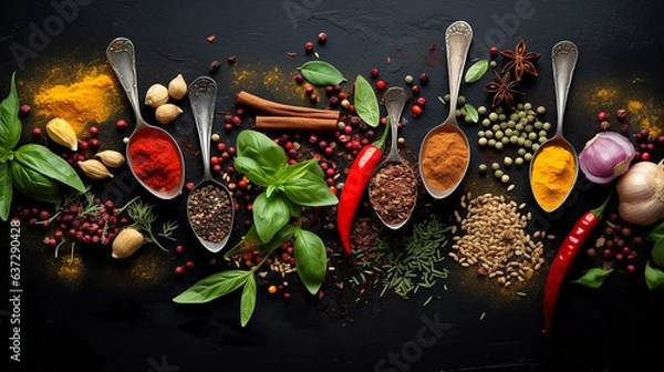 Obraz Various colorful herbs and spices on a dark background