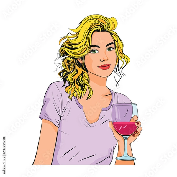 Fototapeta Blondynka z kieliszkiem wina, pop -art girl portret.