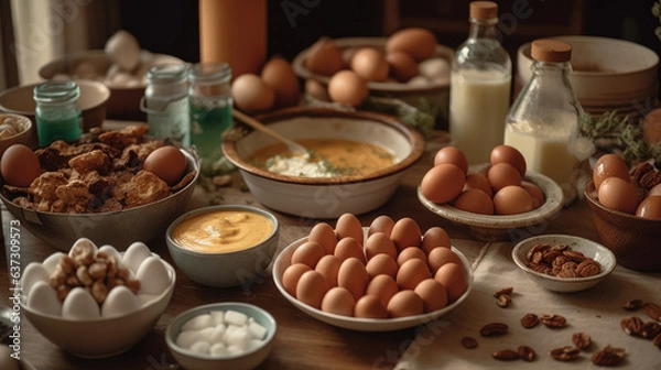 Fototapeta Table filled with various food items, including eggs, milk, cheese, and nuts. These ingredients are spread out across table in different bowls or containers.