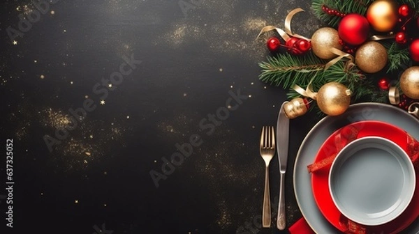 Fototapeta Christmas Banner Dinner Table Setting Frame With Empty Plate, Cutlery, Christmas Toys And Fir Tree. Winter Holidays Background